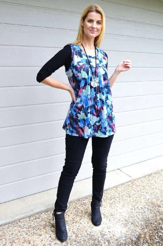 Blue Maple Leaf Sleeveless Fleece Tunic Top