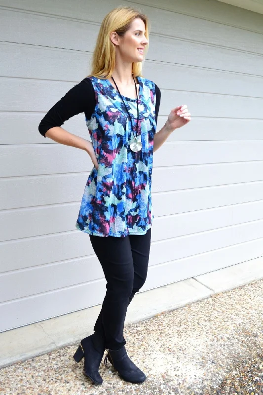 Blue Maple Leaf Sleeveless Fleece Tunic Top