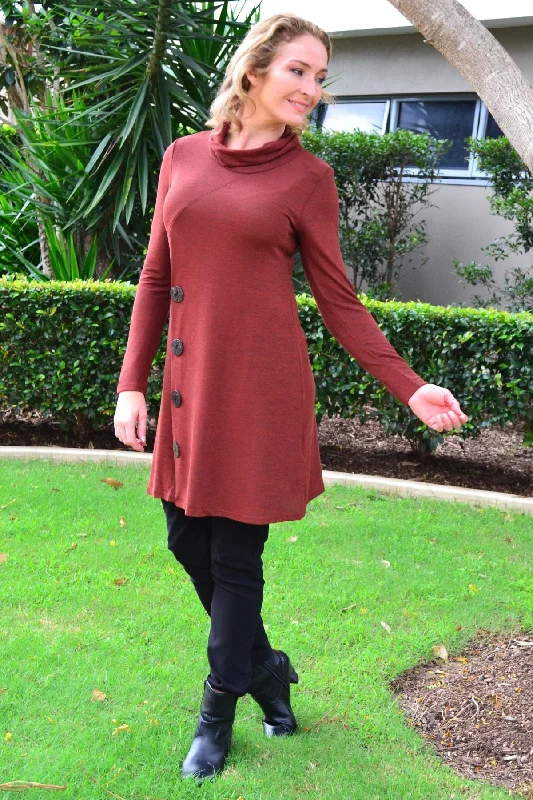 Burgundy Beauty Button Rolled Neck Tunic Dress