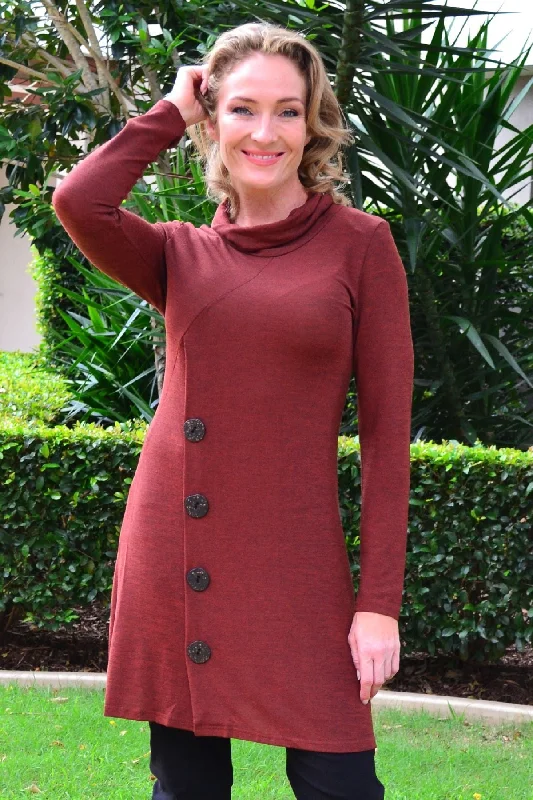 Burgundy Beauty Button Rolled Neck Tunic Dress