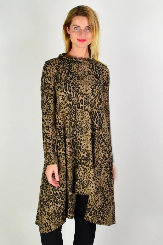 Camel Leopard Print Fleece Tunic Dress