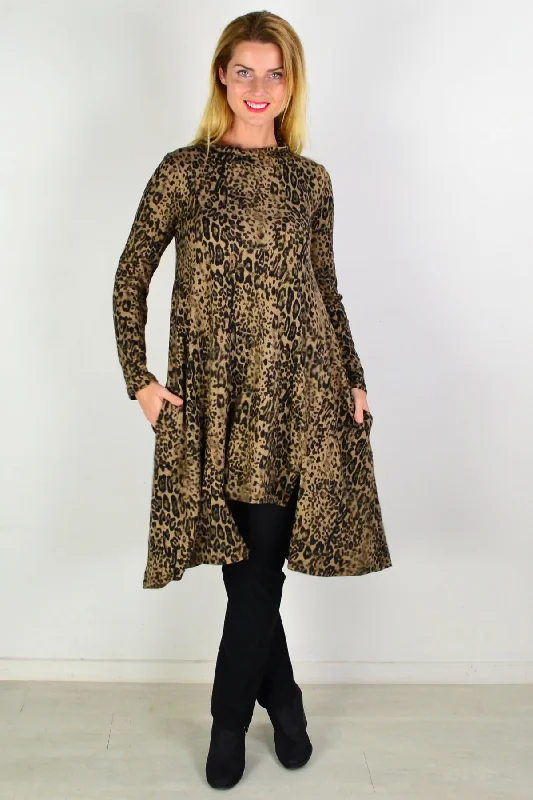 Camel Leopard Print Fleece Tunic Dress