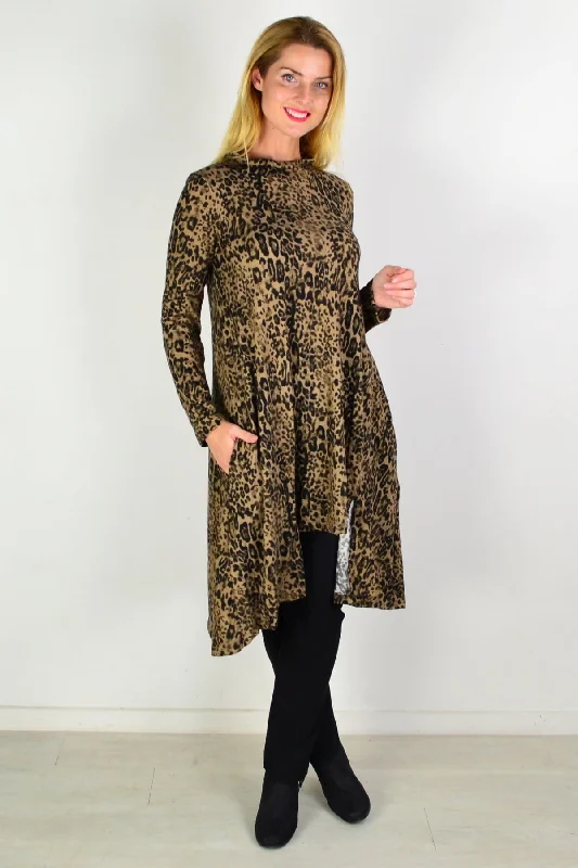 Camel Leopard Print Fleece Tunic Dress