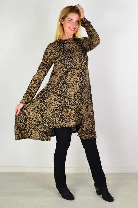 Camel Leopard Print Fleece Tunic Dress