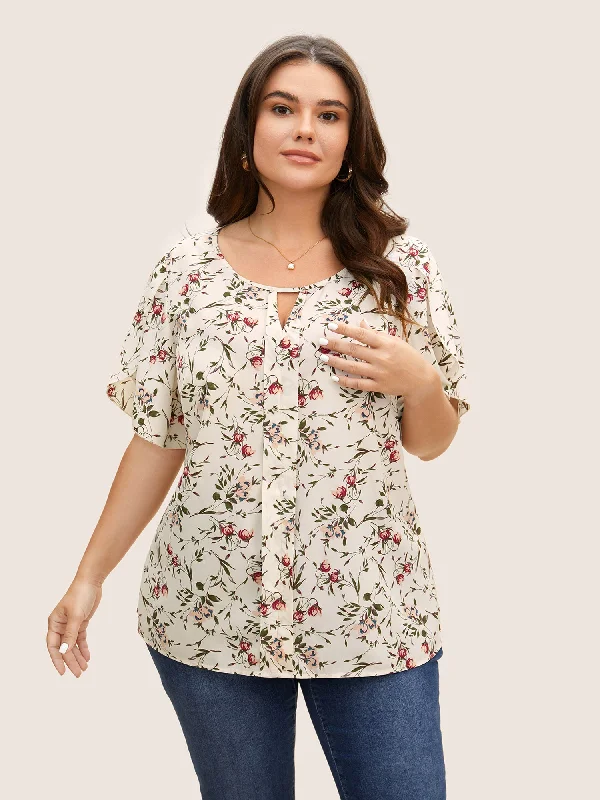 Floral Keyhole Petal Sleeve Split Side Blouse