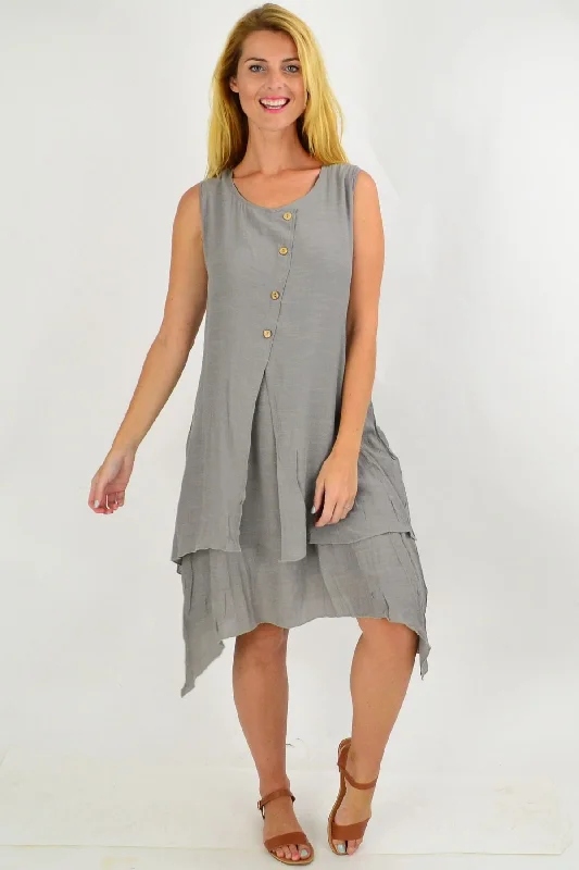 Grey Button Overlay Summer Tunic Dress