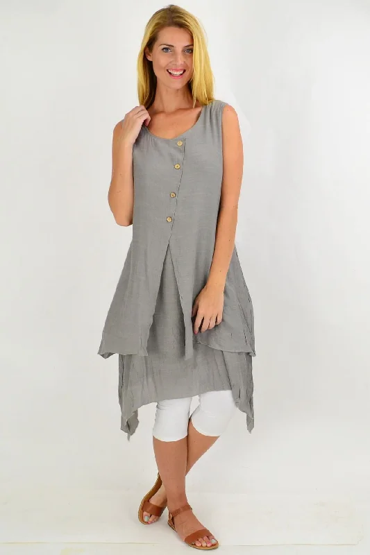 Grey Button Overlay Summer Tunic Dress