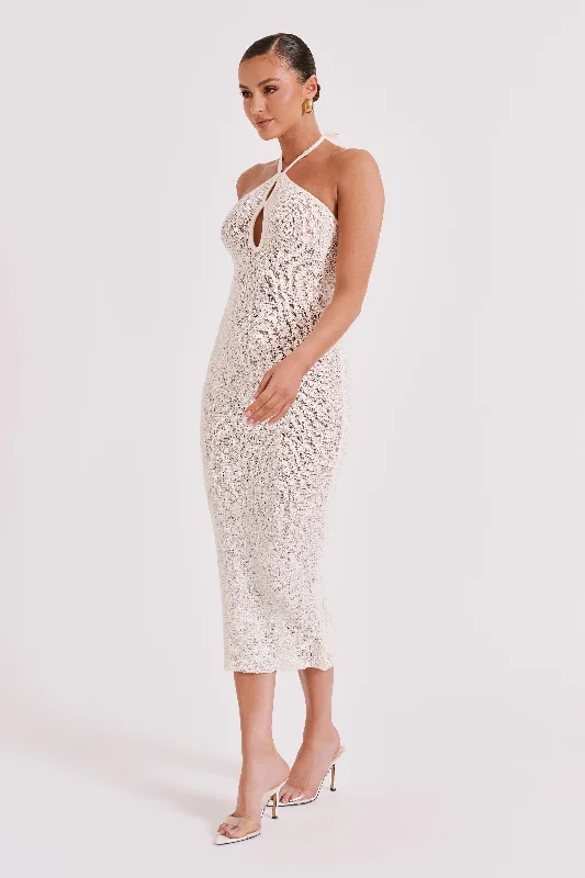 Kahali Boucle Halter Midi Dress - Cream