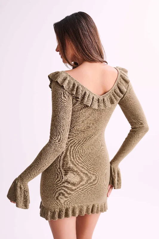 Karolina Knit Mini Dress With Frill - Olive