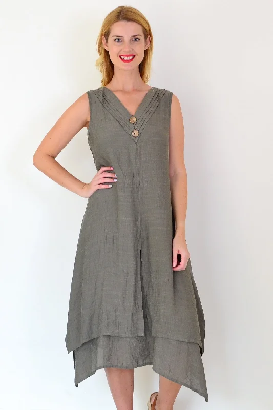 Khaki Sleeveless Coconut Button Tunic Dress