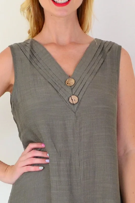 Khaki Sleeveless Coconut Button Tunic Dress