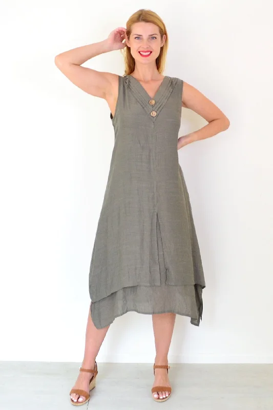 Khaki Sleeveless Coconut Button Tunic Dress