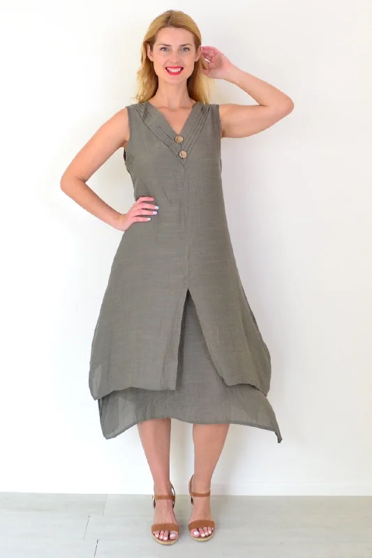 Khaki Sleeveless Coconut Button Tunic Dress