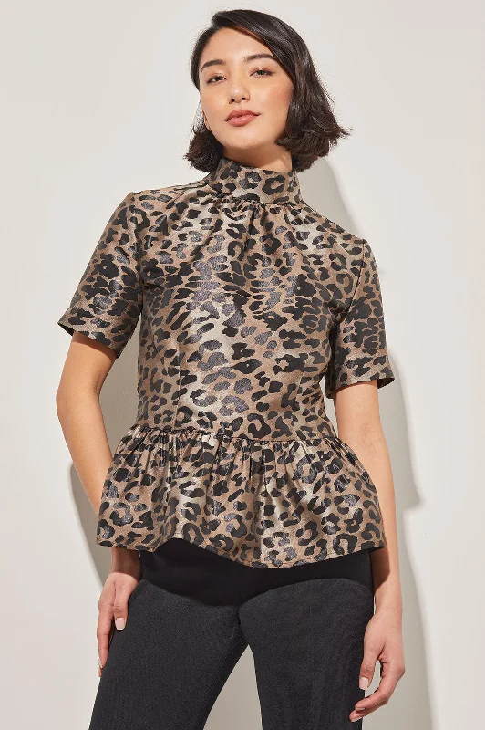 Leopard Print Peplum Blouse - Mock Neck Woven