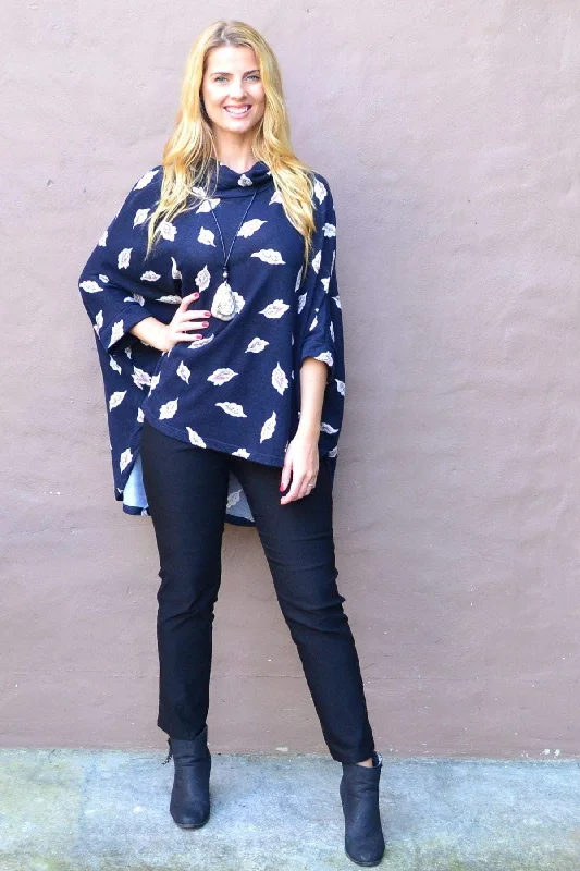 Navy Cowl Neck Poncho Tunic Top