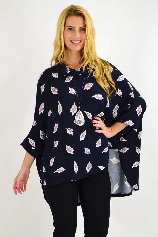 Navy Cowl Neck Poncho Tunic Top