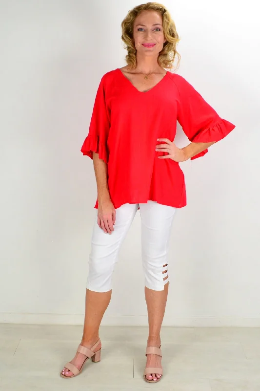 Red Razzle Dazel Ruffle Sleeve Tunic Top