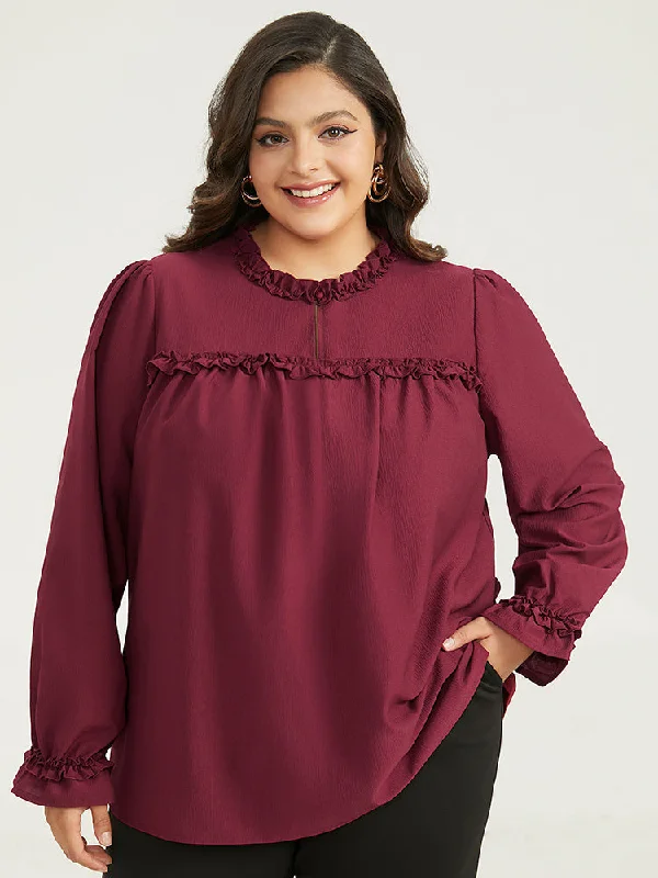 Solid Frill Trim Puff Sleeve Blouse