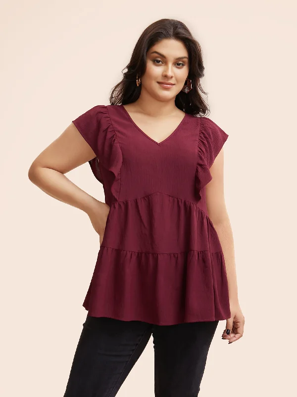 Solid Layered Hem Ruffle Cap Sleeve Blouse