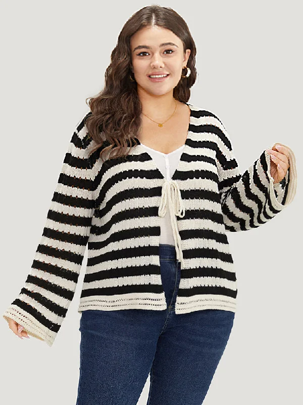 Striped Ties Front Eyelet Lace Cardigan