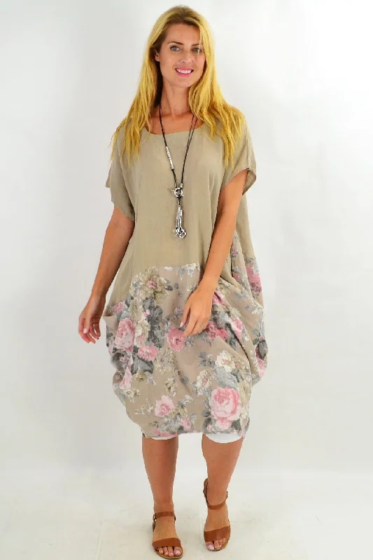 Taupe Vintage Floral Linen Tunic Dress