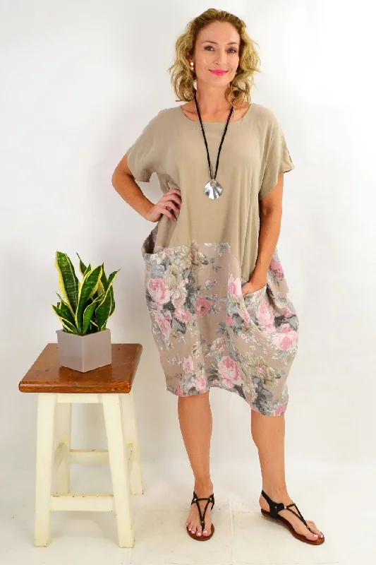 Taupe Vintage Floral Linen Tunic Dress