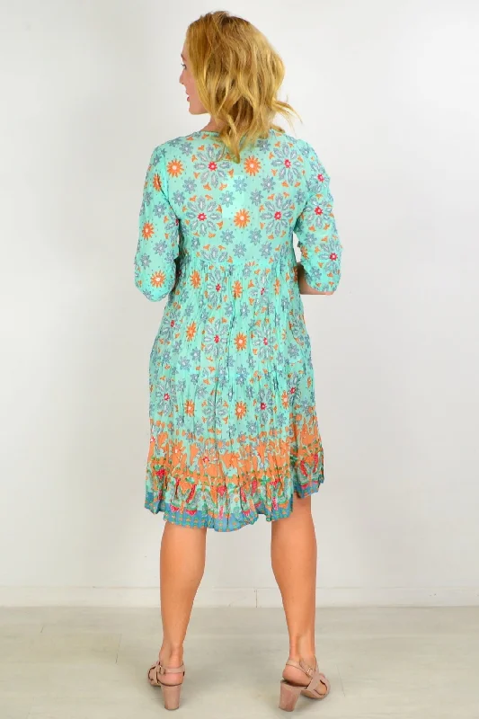 Turquoise Midi Tie Neck Tunic Dress