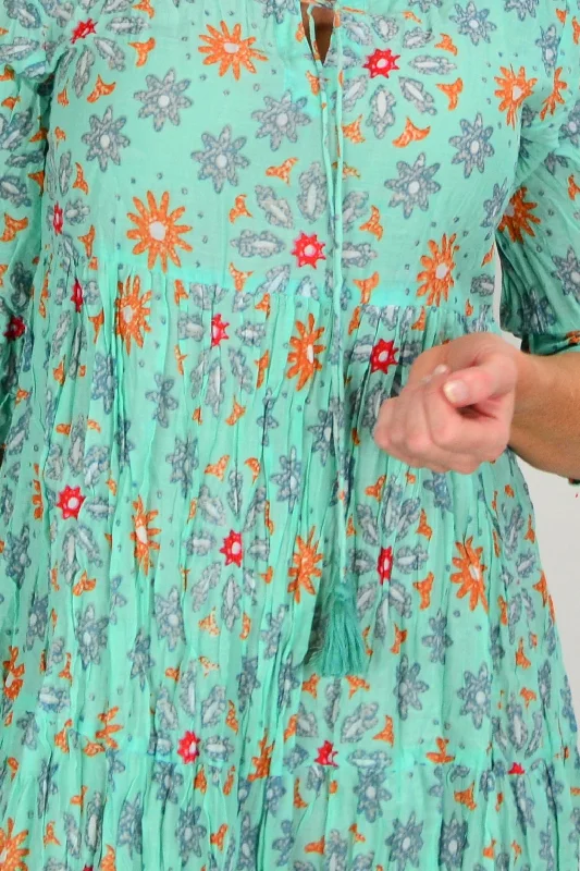 Turquoise Midi Tie Neck Tunic Dress