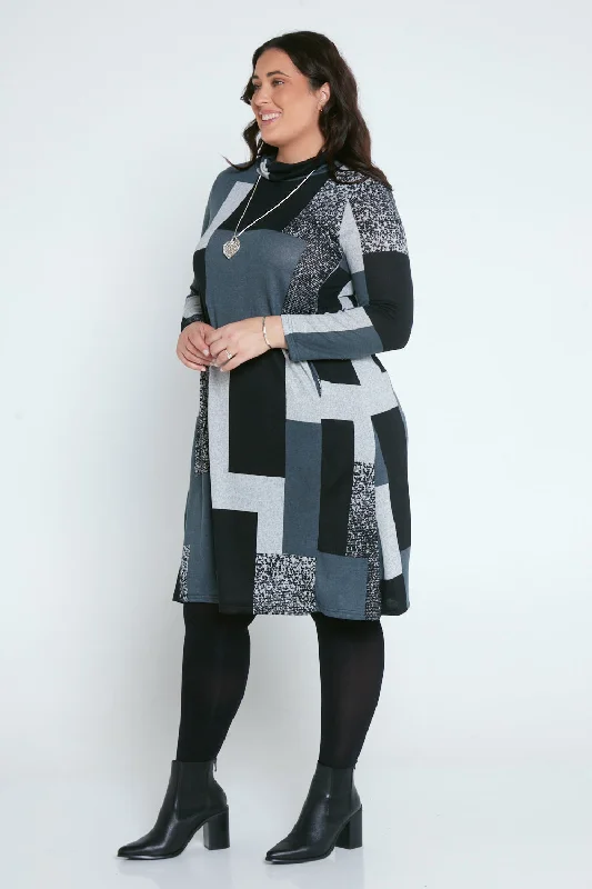 Astrid Tunic Dress - Charcoal Geo Patch