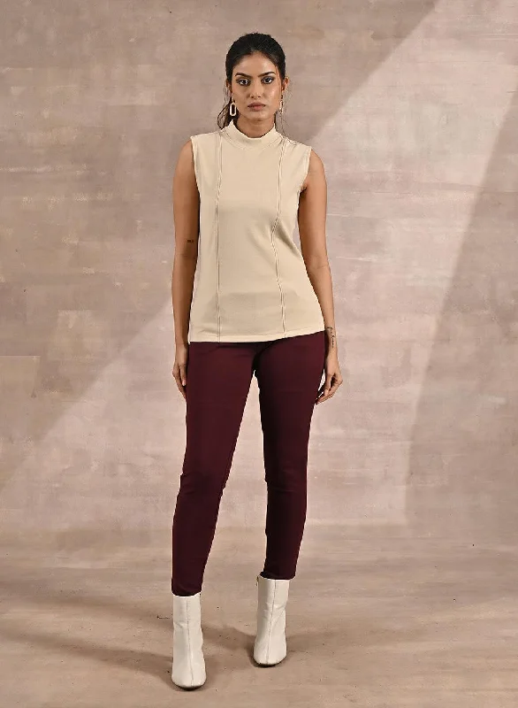 Beige Sleeveless Winter Top with Fine Stich Detailing