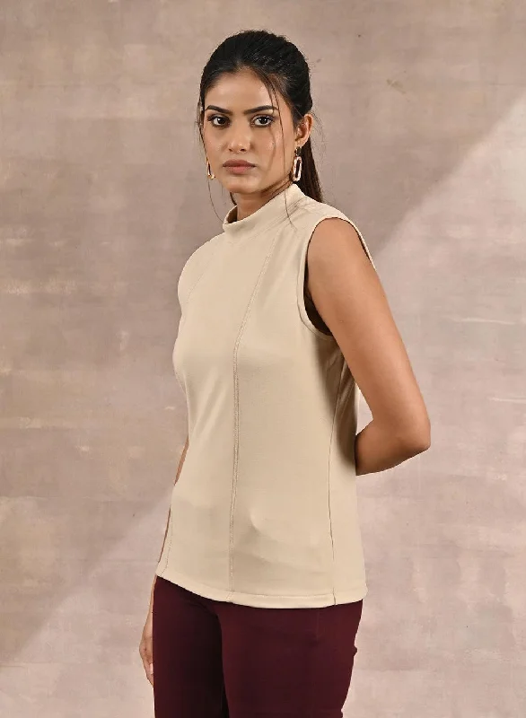 Beige Sleeveless Winter Top with Fine Stich Detailing