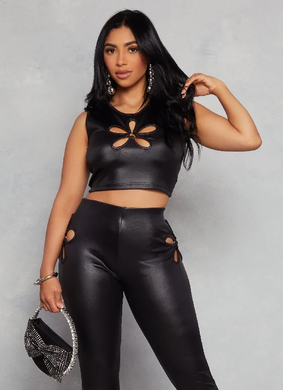 Leather Look Flower Keyhole Crop Top