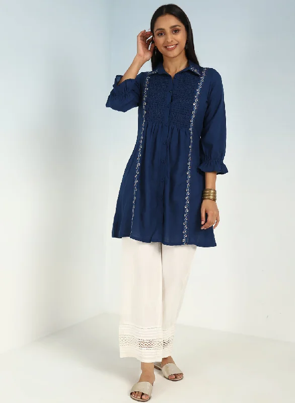 Blue A Line Tunic with Smocking Front and Classic Collar