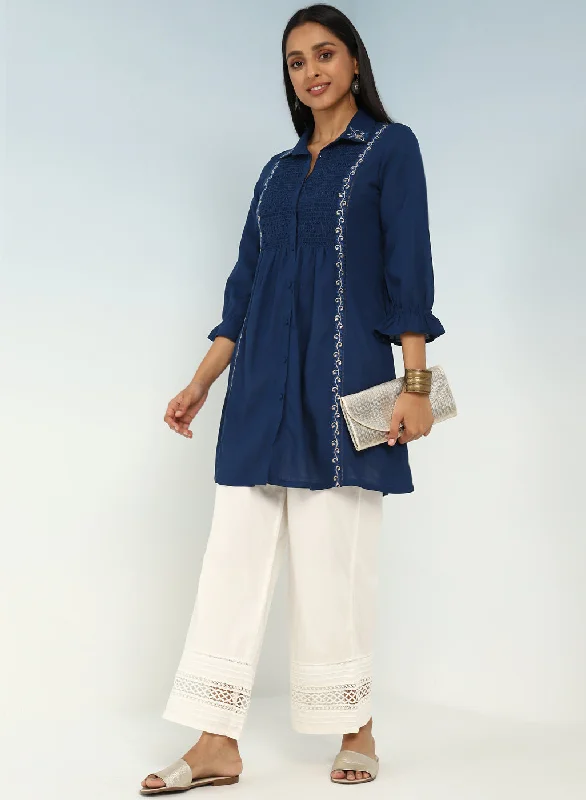 Blue A Line Tunic with Smocking Front and Classic Collar