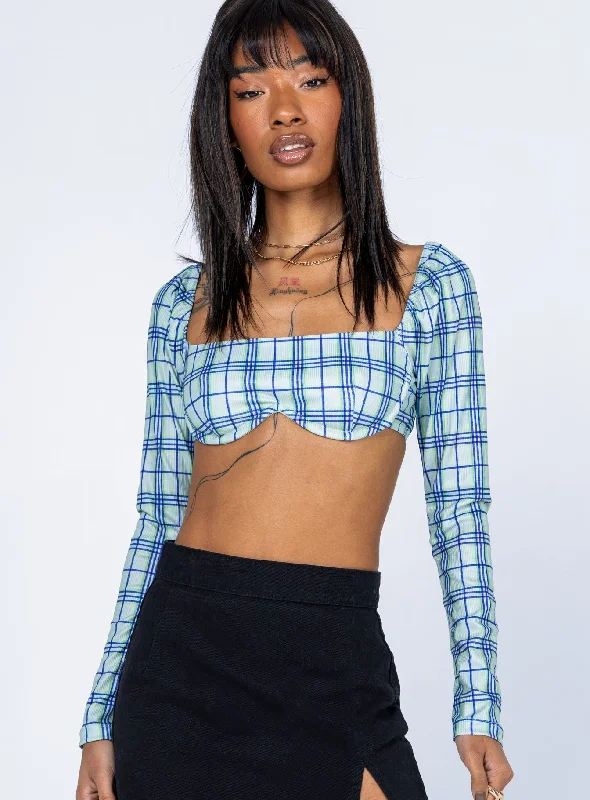 Becca Long Sleeve Crop Top Green Check