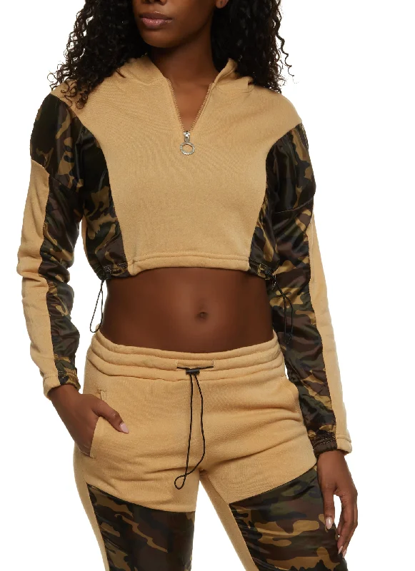 Cropped Camo Color Block Pullover Hoodie