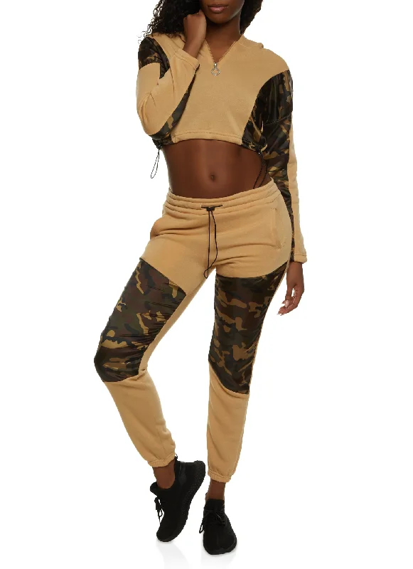 Cropped Camo Color Block Pullover Hoodie