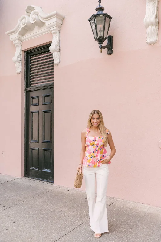 Coral Pink Print Ruffled Tank Top - FINAL SALE