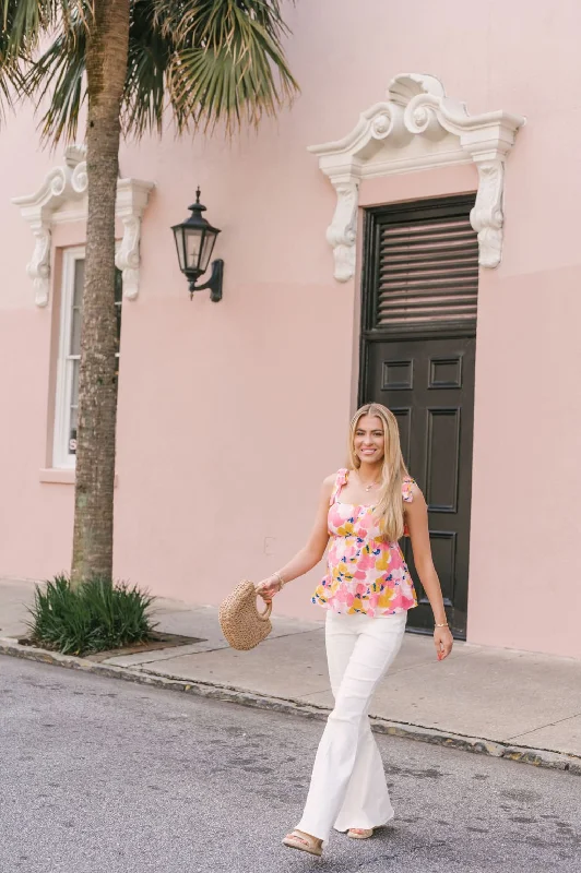 Coral Pink Print Ruffled Tank Top - FINAL SALE