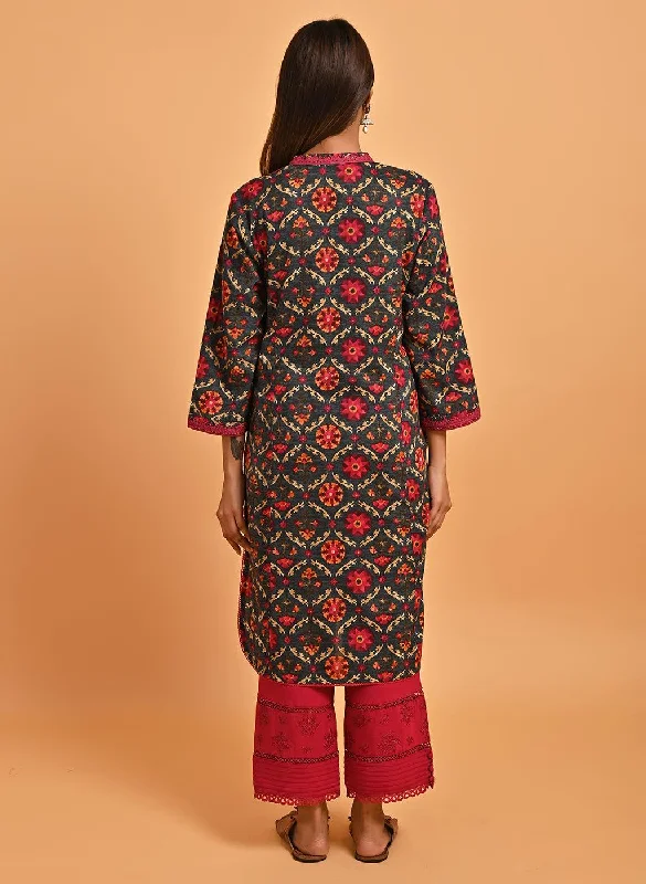 Grey Ethnic Printed Kurta with Lace Detailing