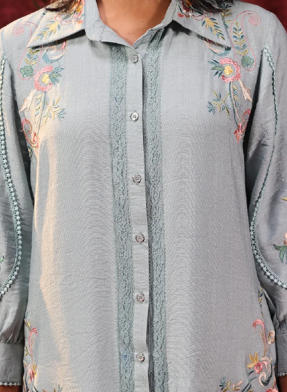 Hania Smokey Blue Embroidered Cotton Silk Shirt for Women