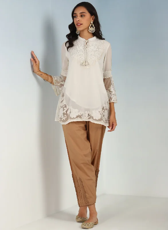 Ivory Embroidered Tunic for Women with Lace Inserts