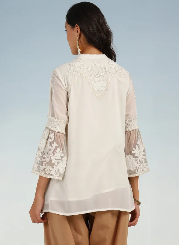 Ivory Embroidered Tunic for Women with Lace Inserts