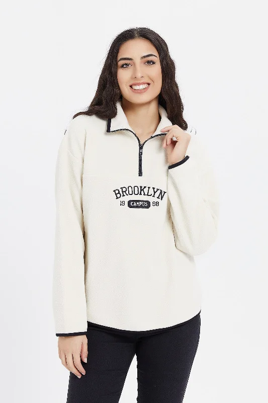 Women Ivory Fleece Embroidered Sweatshirt