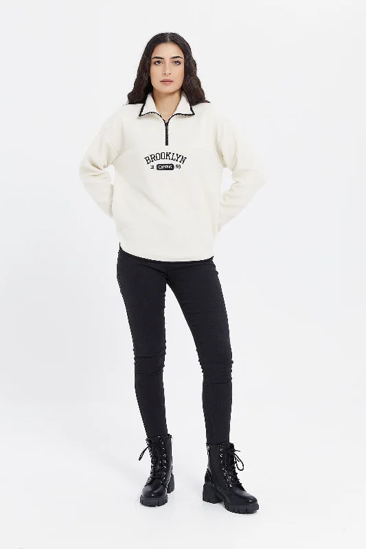 Women Ivory Fleece Embroidered Sweatshirt