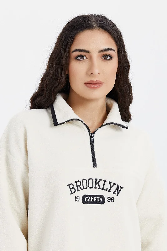 Women Ivory Fleece Embroidered Sweatshirt