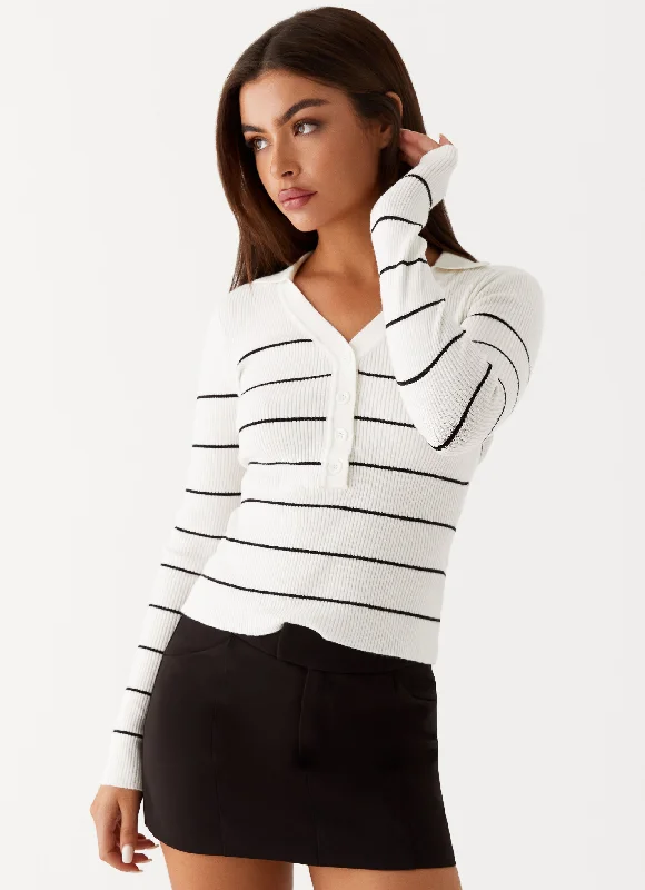 Kelisa Long Sleeve Knit Top - White Stripe