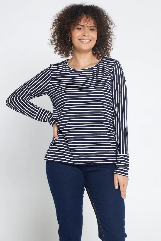 Leoni Long Sleeve Cotton Tee - Navy Stripe