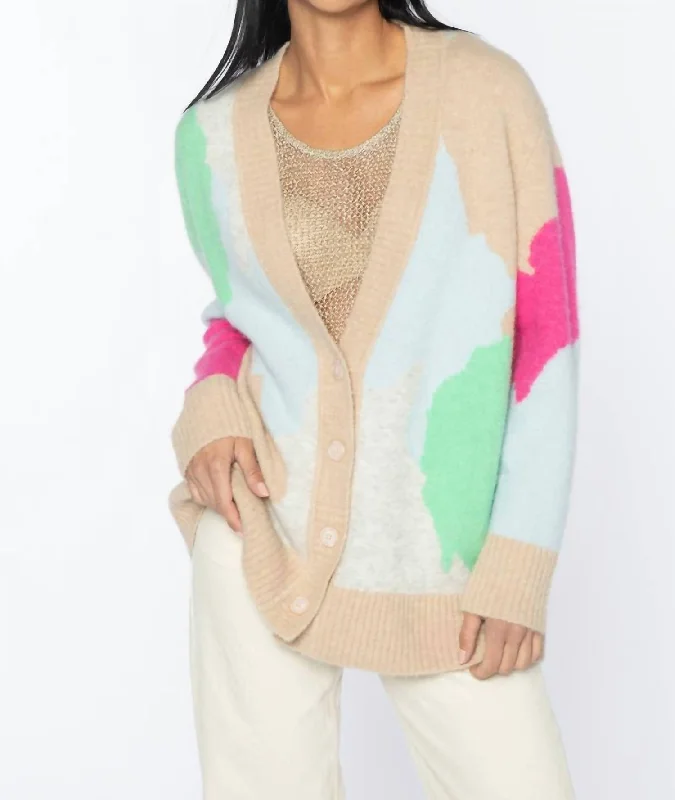 Lofty Intarsia Cardigan In Sand Multi