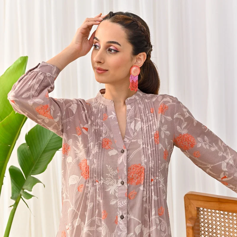 Mauve Sanganeri Printed Shirt Tunic with Pintuck Details